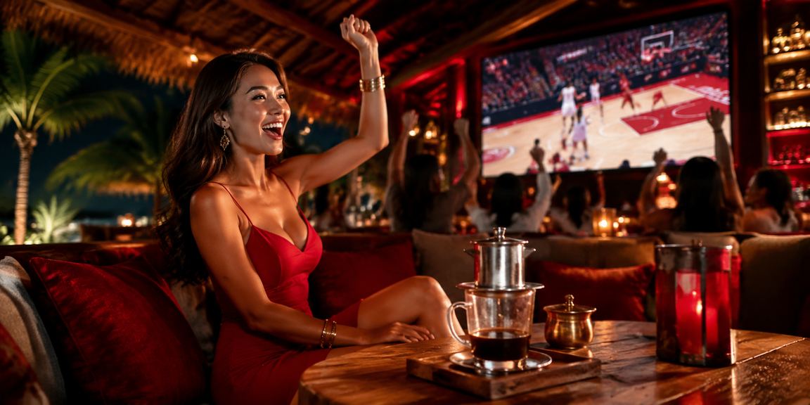 Người hâm mộ theo dõi cá cược bóng rổ tại Phú Quốc với ly cà phê Việt